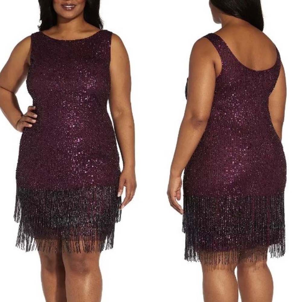 🌻NEW w.tags Adrianna Papell Hand-Beaded Fringe Shift Dress Size 18W $279 Retail